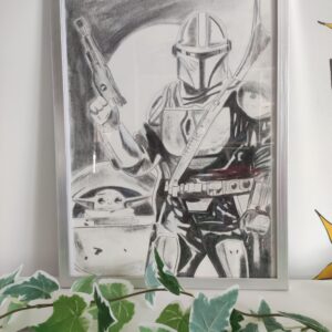 Dessin "The Mandalorian et Grogu" – Œuvre au fusain
