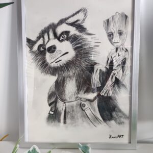 Dessin "Rocket et Groot" – Œuvre au fusain